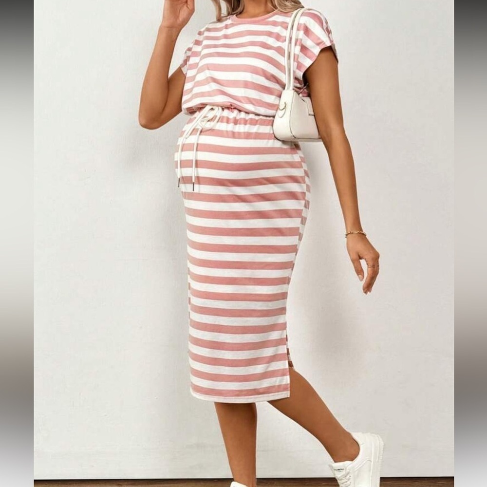 SHEIN Maternity Striped Drop Shoulder Drawstring Waist Split Midi Dress - Picture 4 of 5